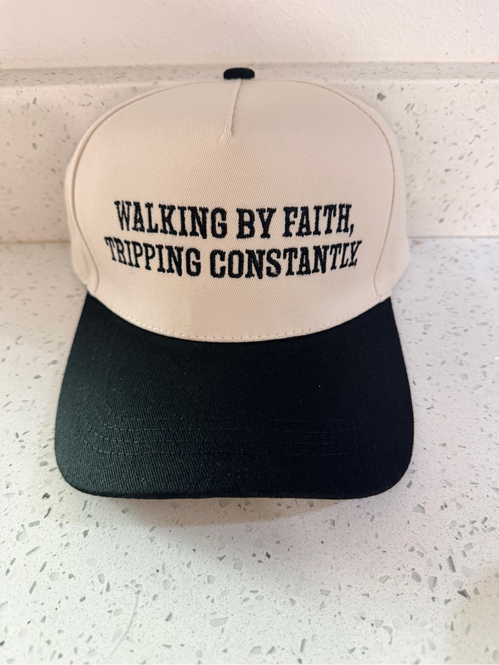 Cream and Black Statement Cap - Walking By Faith, Tripping Constantly